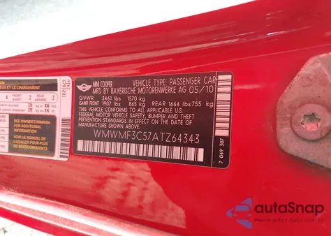 2010 Mini Cooper from USA, damaged, VIN WMWMF3C57ATZ64343